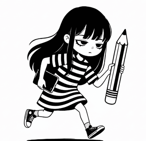 Ilustração da Mariana correndo com lapis gigante