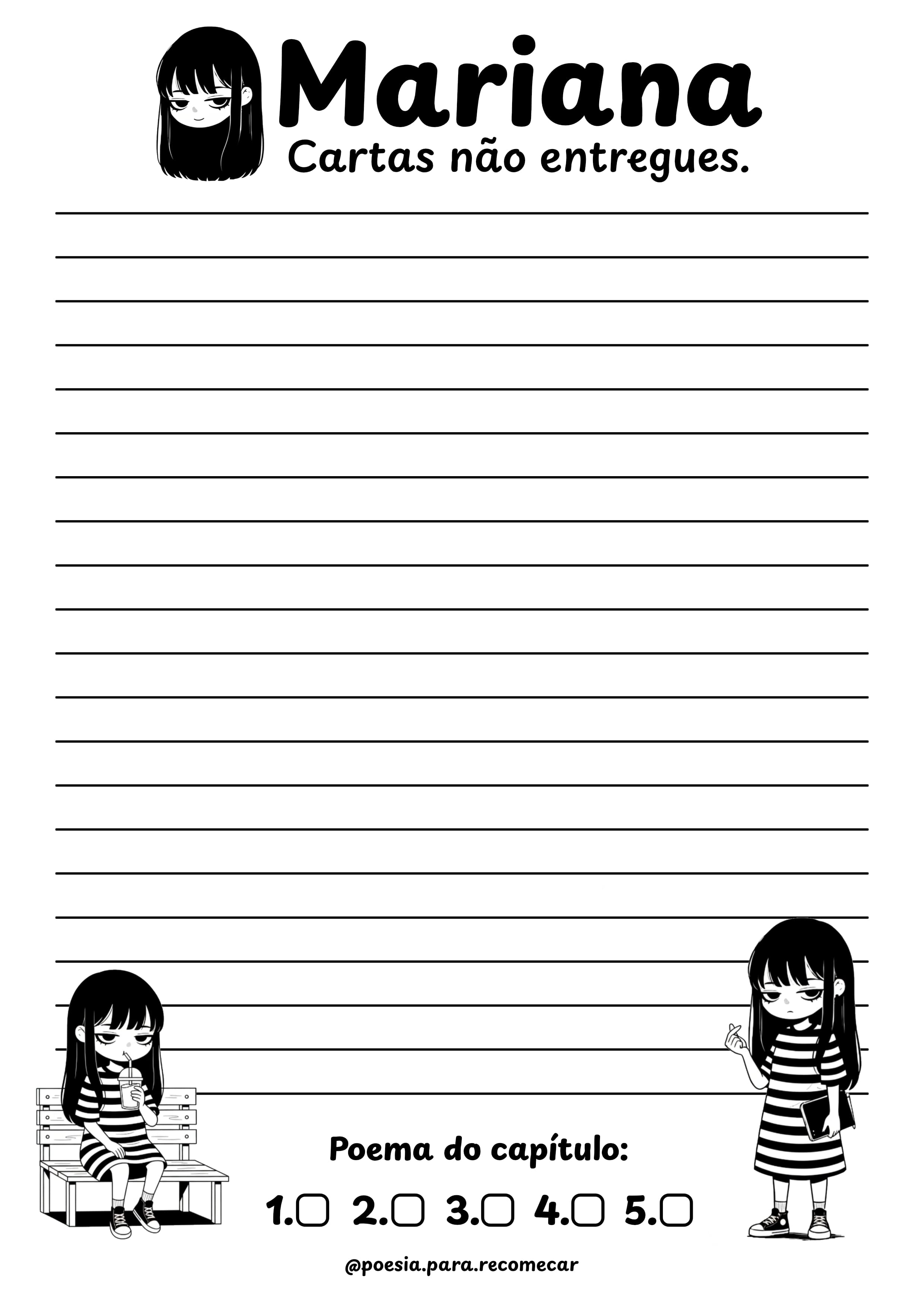 Preview do bônus PDF 'Escreva seu poema aqui', mostrando as páginas pautadas.