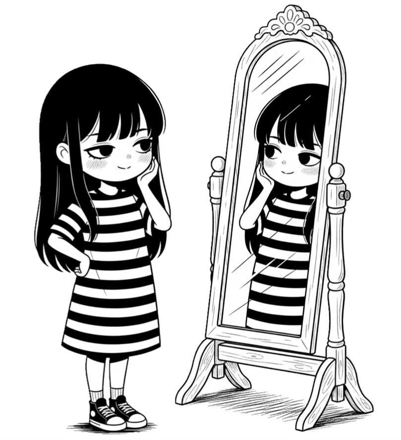 Ilustração da personagem Mariana se olhando no espelho com um leve sorriso, simbolizando o reencontro consigo mesma e o recomeço.