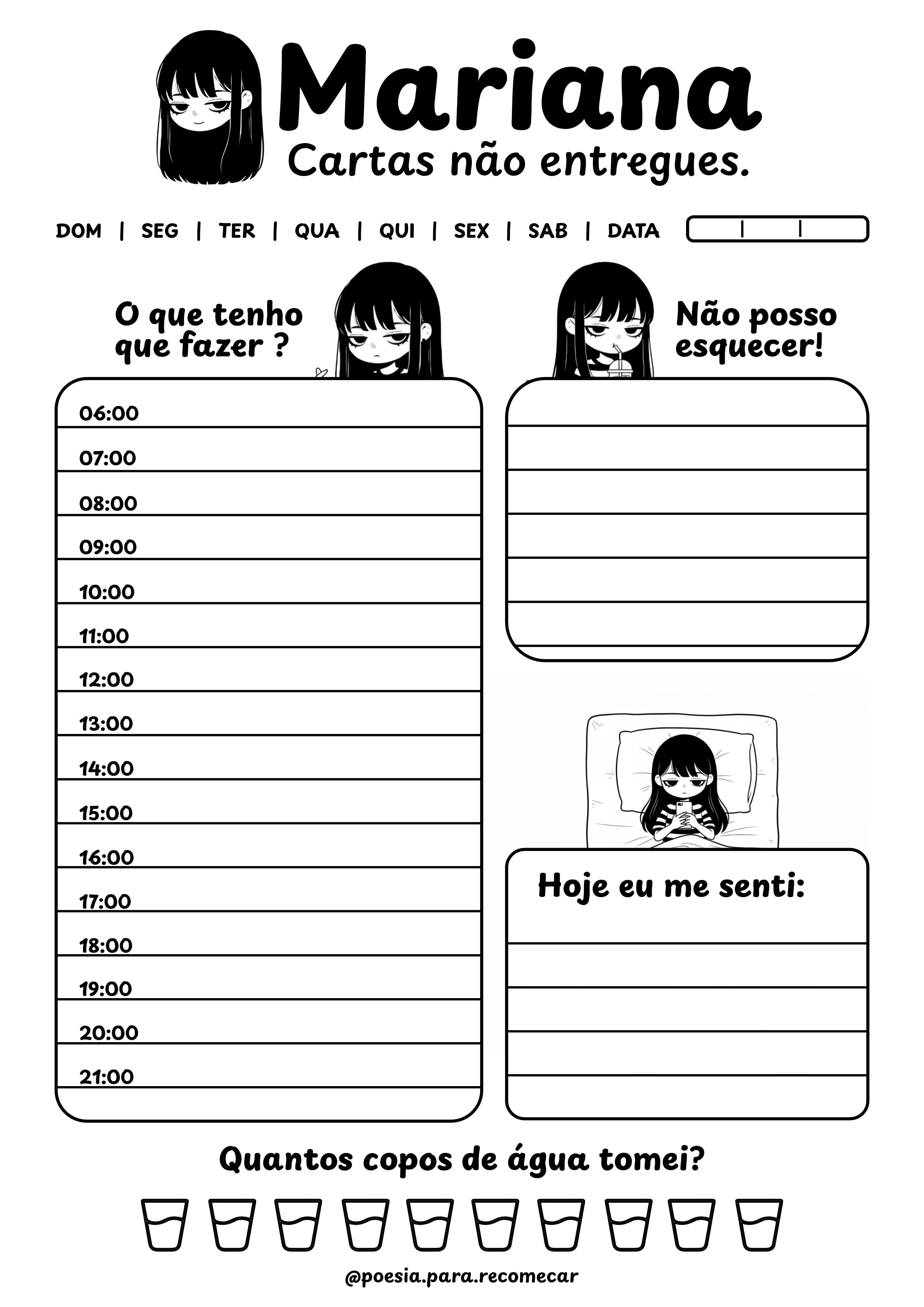 Preview do bônus Planner Diário, com seções para planejamento e sentimentos.