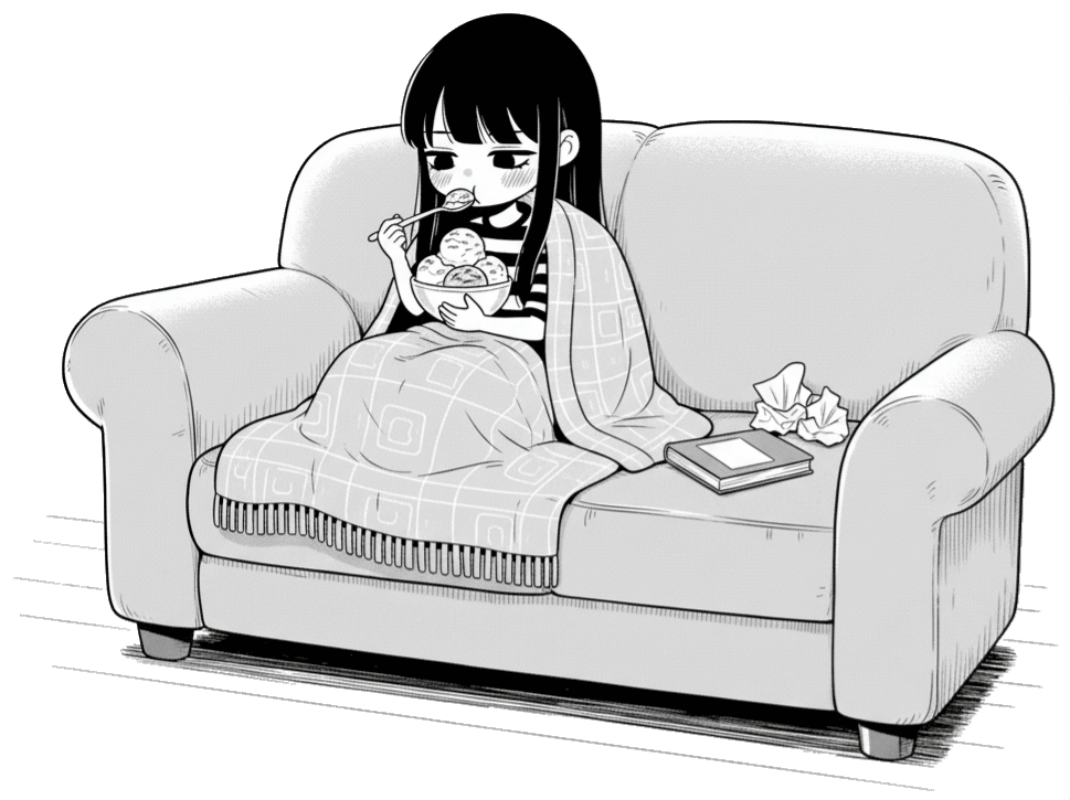 Ilustração da personagem Mariana no sofá, representando a dor e o luto após um término.